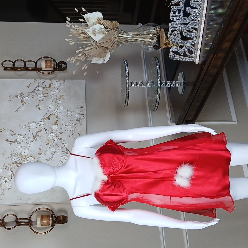 Women's Santa Red And White Faux Fur Satin Illusions Slip Babydoll Dress. Size L